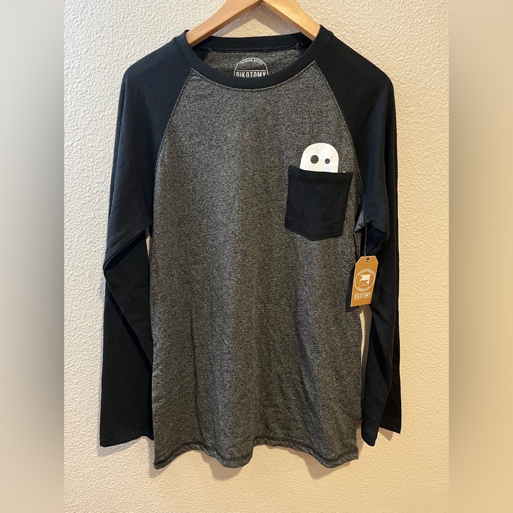 Dikotomy Mens Raglan Ghost Middle Finger Pocket Graphic Long Sleeve Shirt M